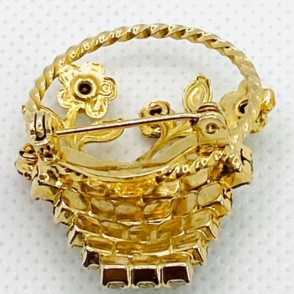 Brooch Rhinestones Basket of Flowers VTG Gold Tone